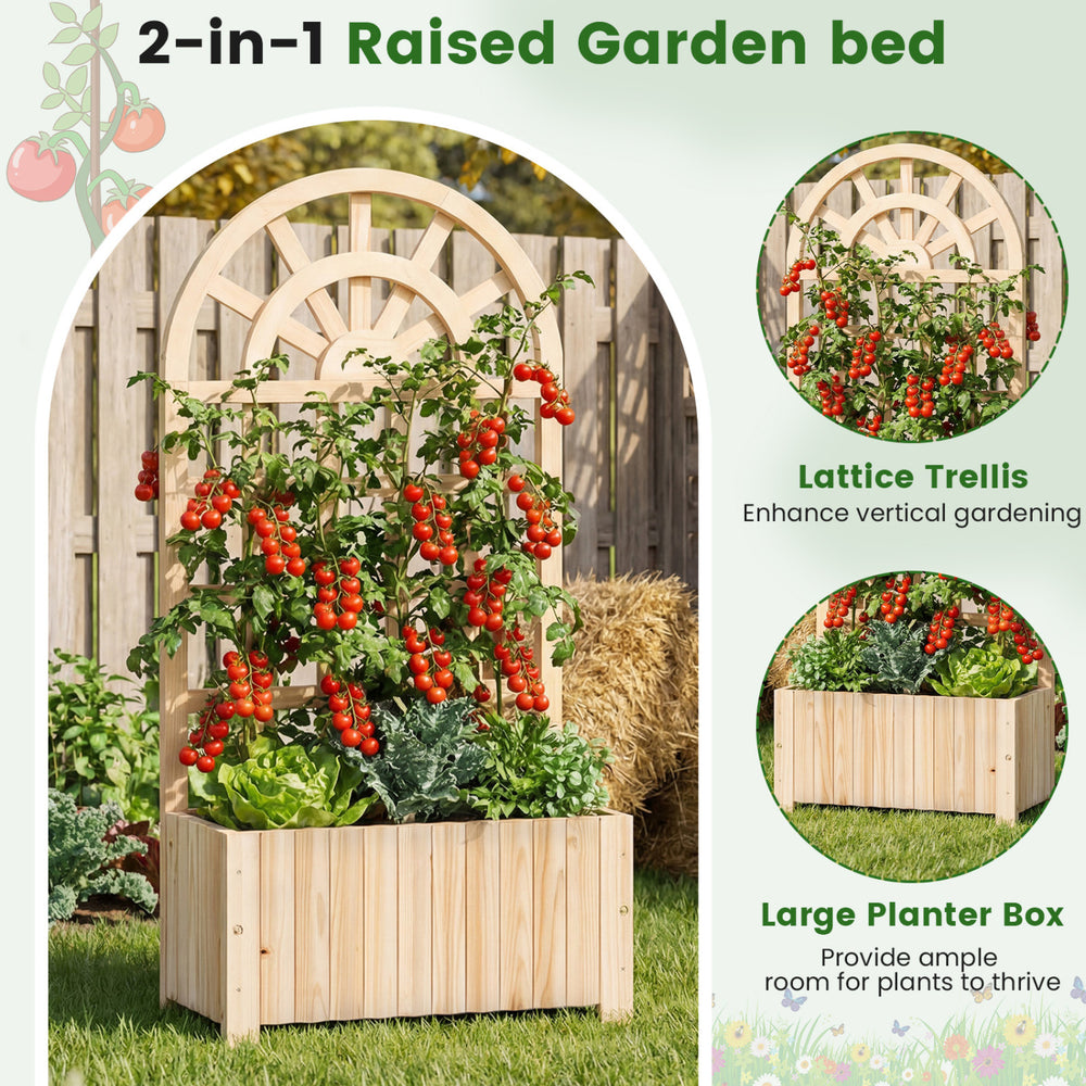 Wooden raised garden bed with trellis, 48-inch, natural fir wood, ideal for vertical gardening and plant growth.