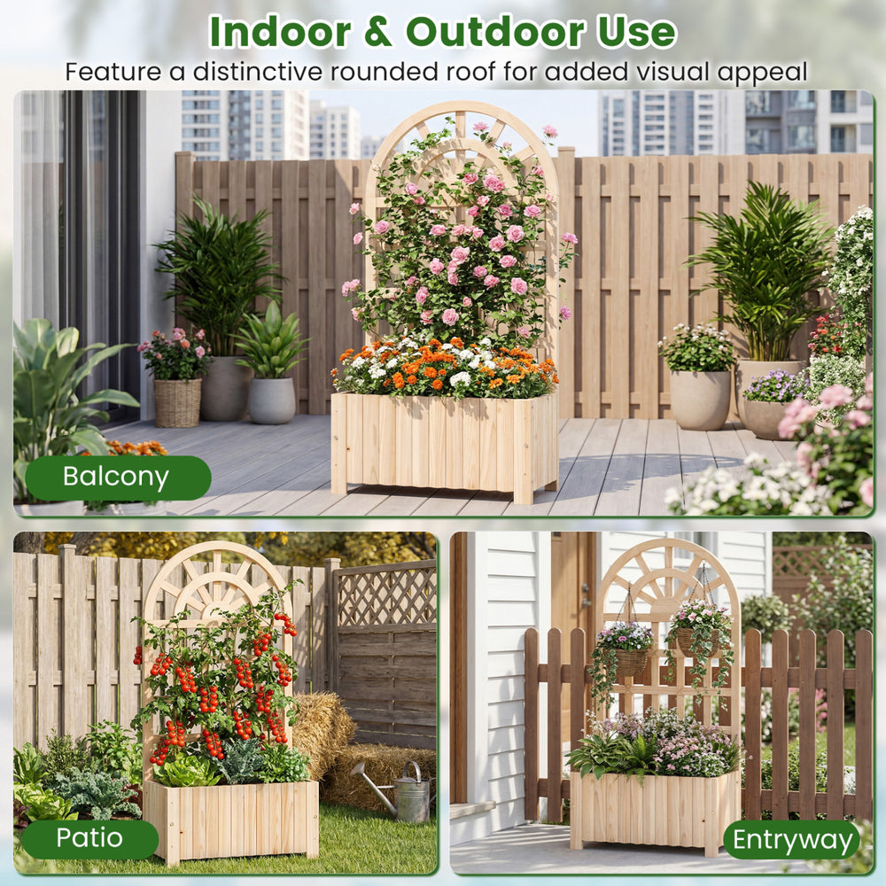 Wooden raised garden bed with trellis features a rounded roof, ideal for climbing plants in outdoor spaces.