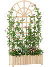 Wooden raised garden bed with trellis for climbing plants, featuring a natural finish and spacious planter box for.