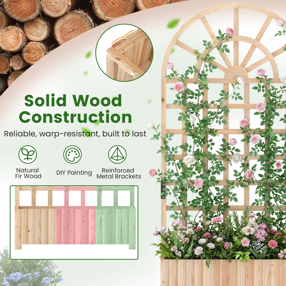Wooden raised garden bed with trellis, solid fir wood, customizable DIY painting, ideal for outdoor plant growth.
