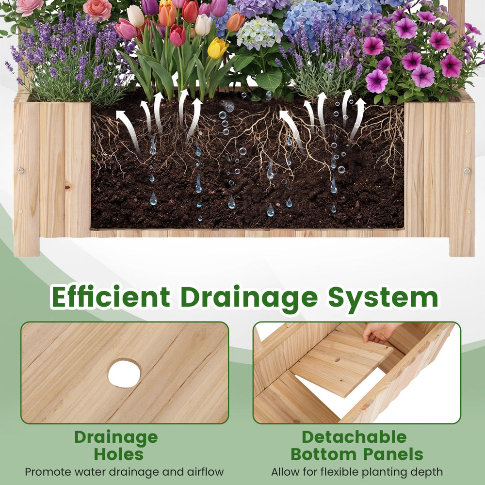 Wooden raised garden bed with trellis features drainage holes and detachable bottom panels for flexible planting depth.