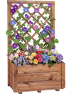 Wooden raised garden bed with lattice trellis, featuring colorful flowers and drainage holes for healthy plant growth.