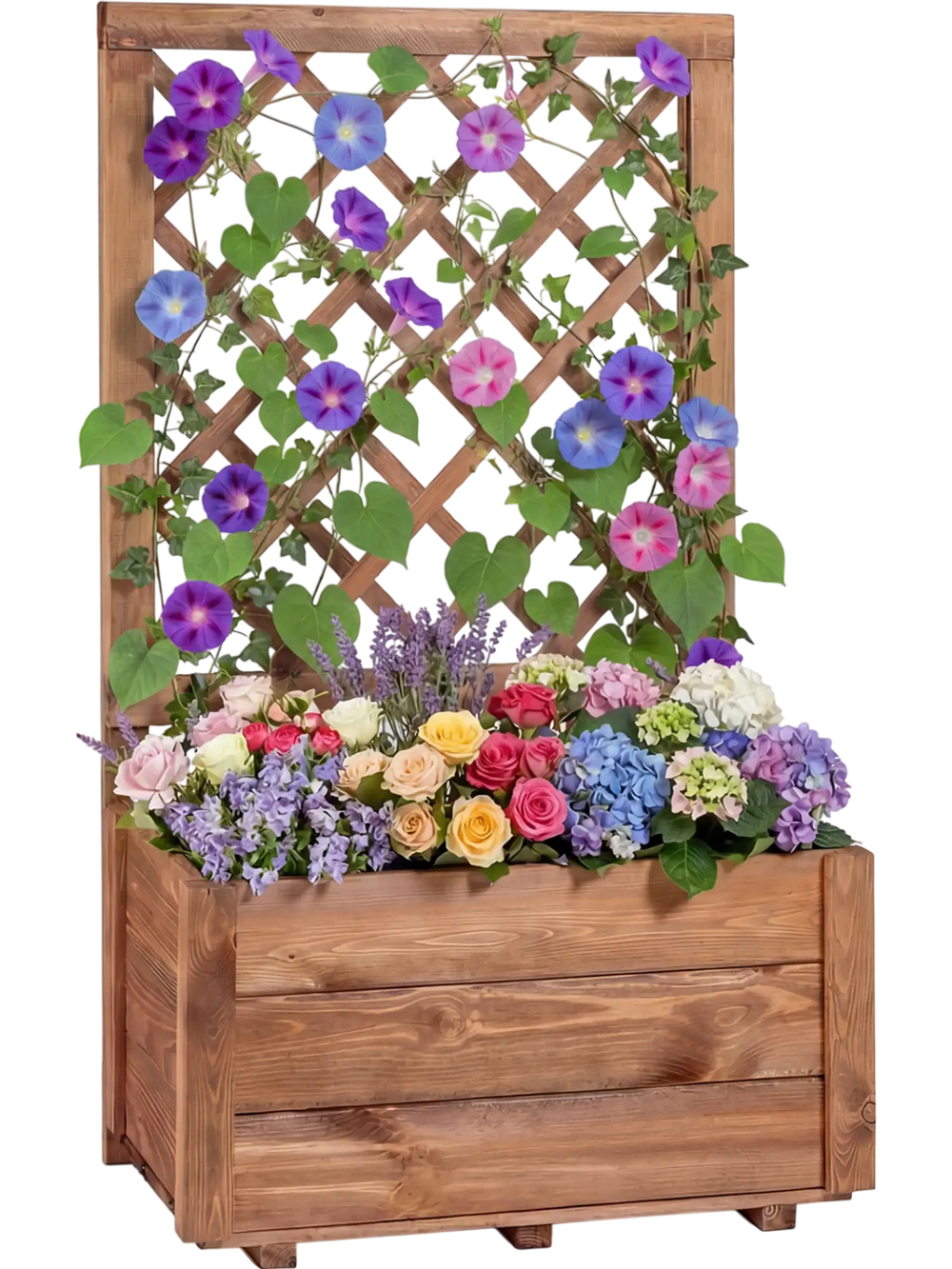 Wooden raised garden bed with lattice trellis, featuring colorful flowers and drainage holes for healthy plant growth.