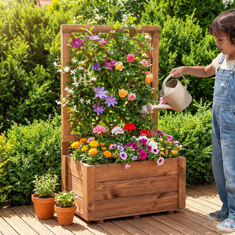 Wooden raised garden bed with lattice trellis, featuring vibrant flowers and drainage holes, ideal for patios and.