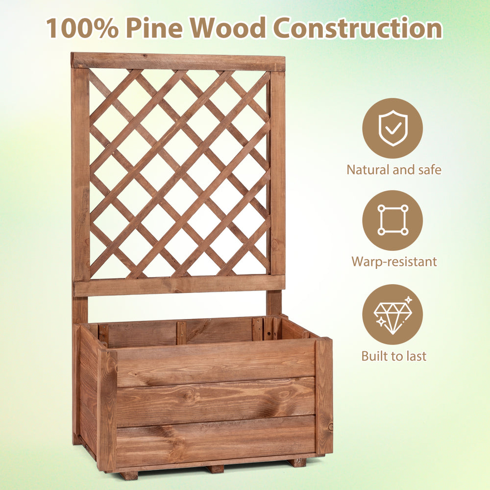 Wooden raised garden bed with lattice trellis, made from pine wood, featuring drainage holes for healthy plant growth.
