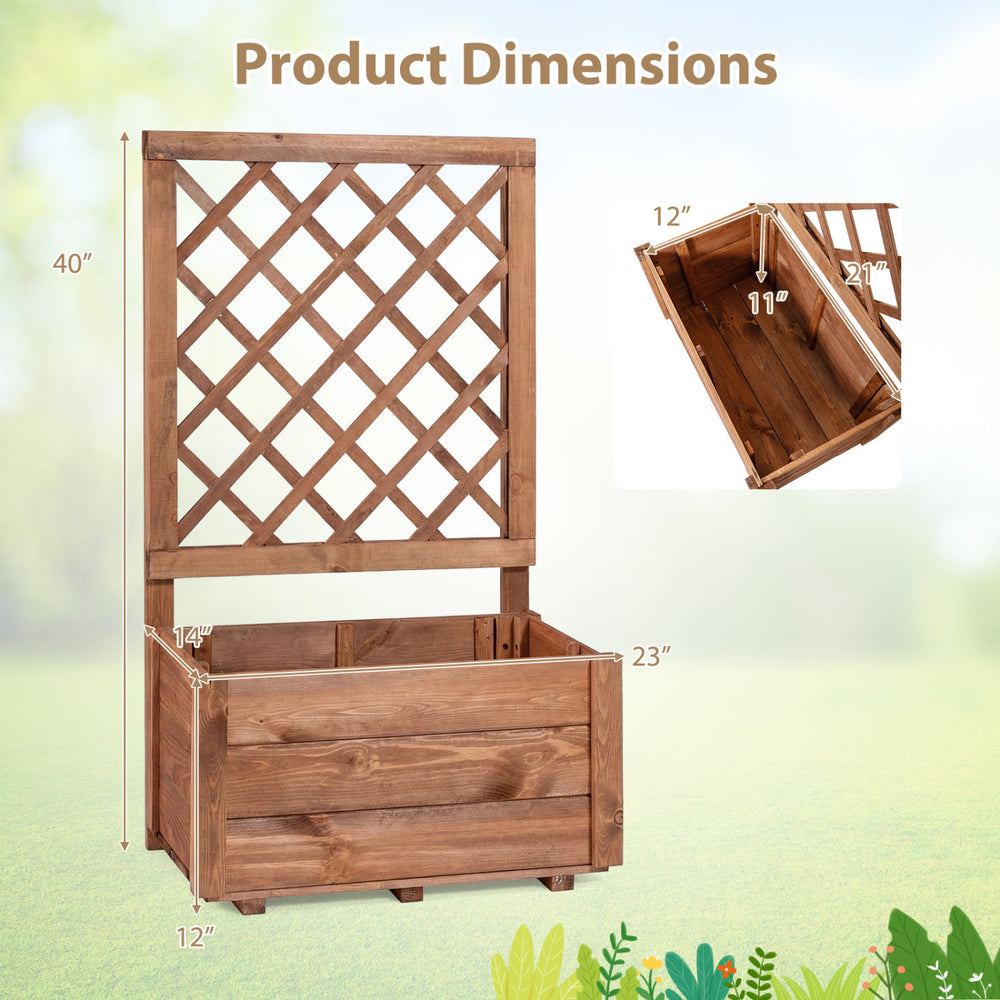 Wooden raised garden bed with lattice trellis, featuring drainage holes, ideal for patios and gardens. Dimensions shown.