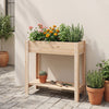 Wooden raised garden bed with legs and storage shelf, made of natural fir wood, ideal for growing herbs and flowers.