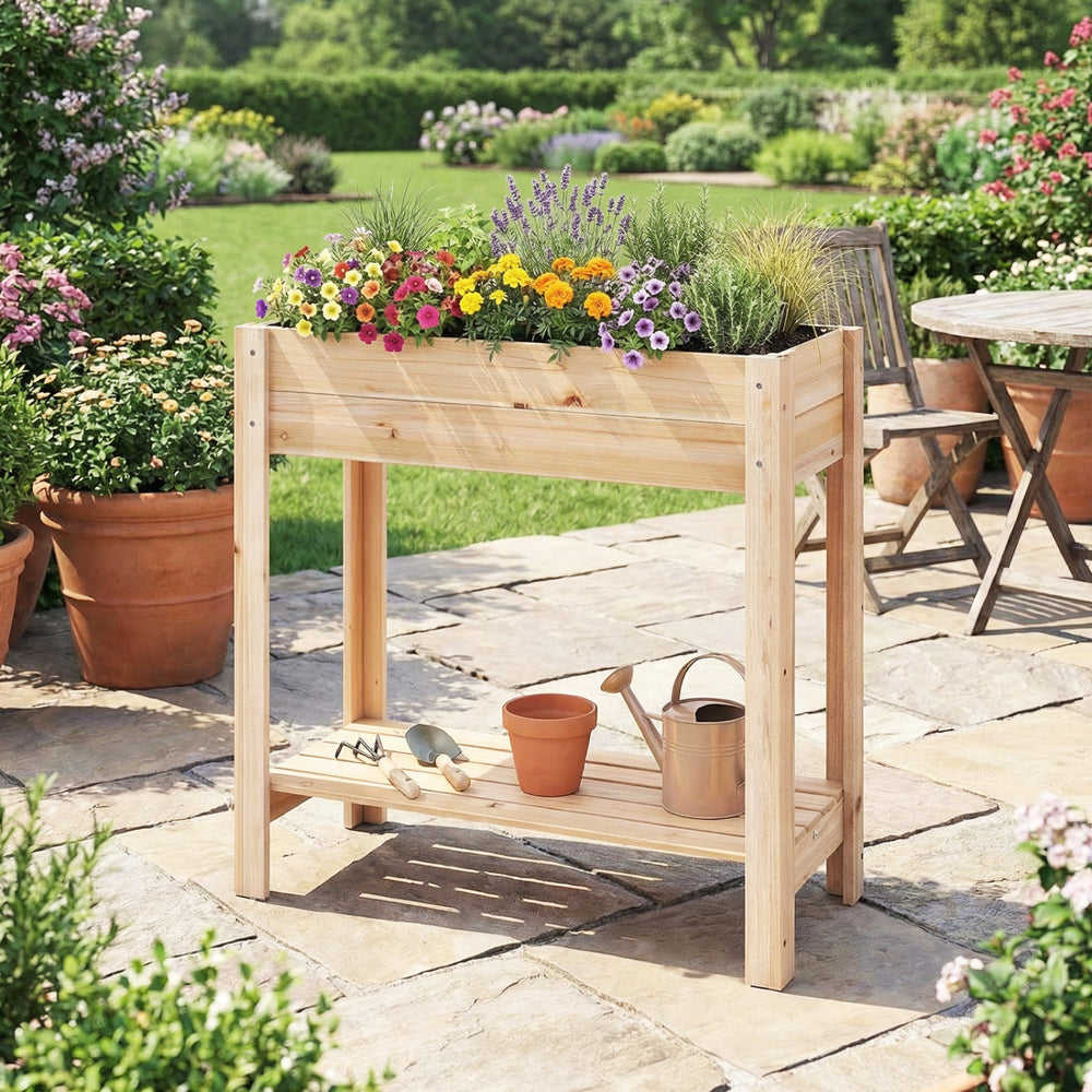 Wooden raised garden bed with legs and storage shelf, made of natural fir wood, perfect for growing plants outdoors.