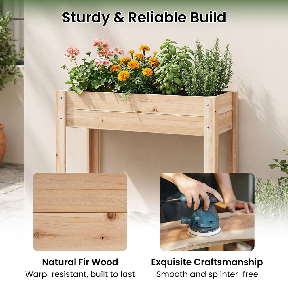 Wooden raised garden bed with legs, made of natural fir wood, featuring a storage shelf for gardening tools and plants.