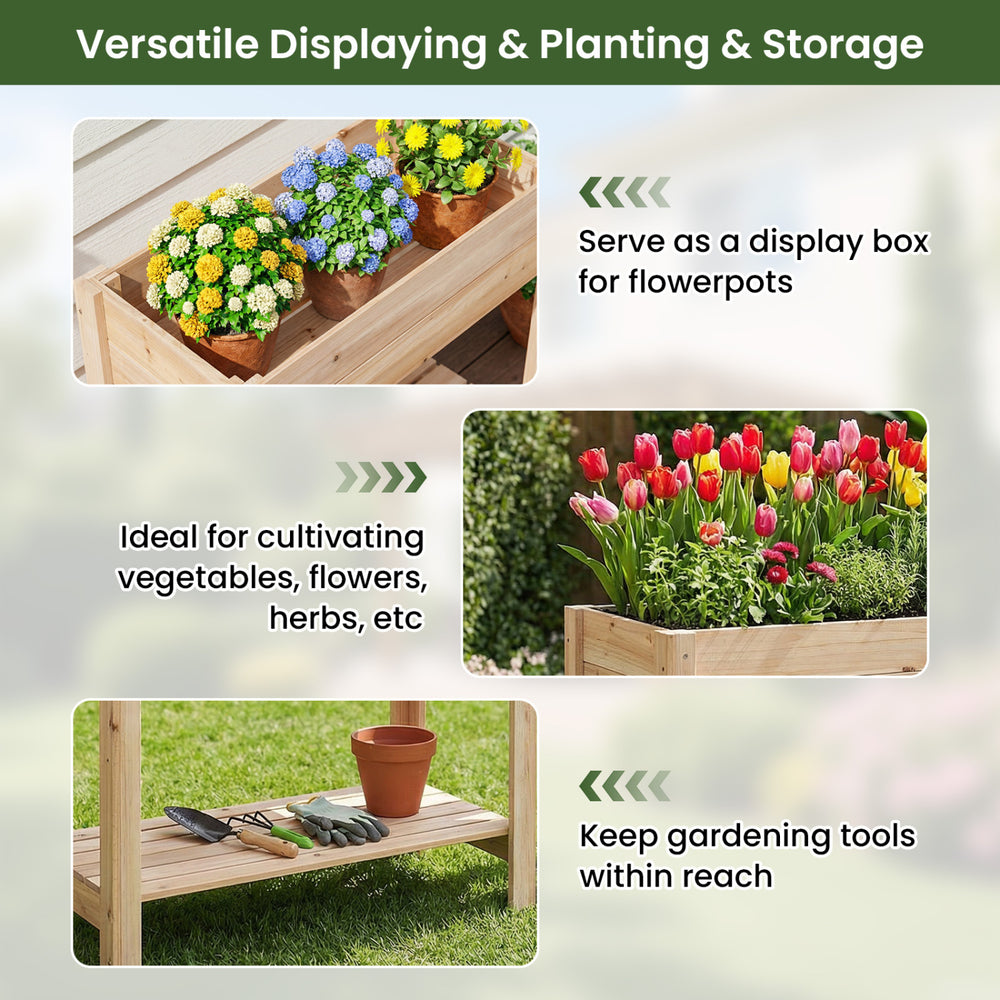 Wooden raised garden bed with legs and storage shelf, made of natural fir wood, ideal for growing vegetables and.