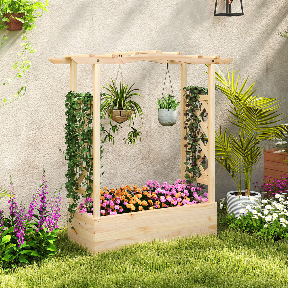 Wooden raised garden bed planter box with trellis, showcasing colorful flowers and natural wood grains for elegant.