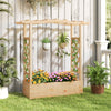 Wooden raised garden bed planter box with trellis, designed for climbing plants, featuring a charming natural wood.