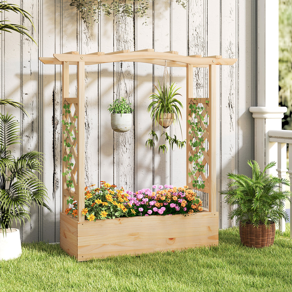 Wooden raised garden bed planter box with trellis, designed for climbing plants, featuring a charming natural wood.
