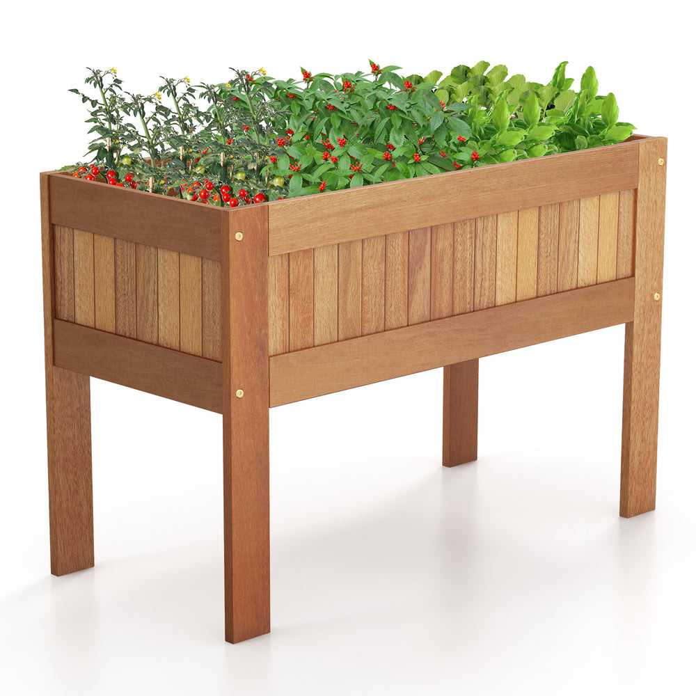 Wooden raised garden bed with legs, crafted from solid wood, featuring a smooth surface and optimal drainage for.