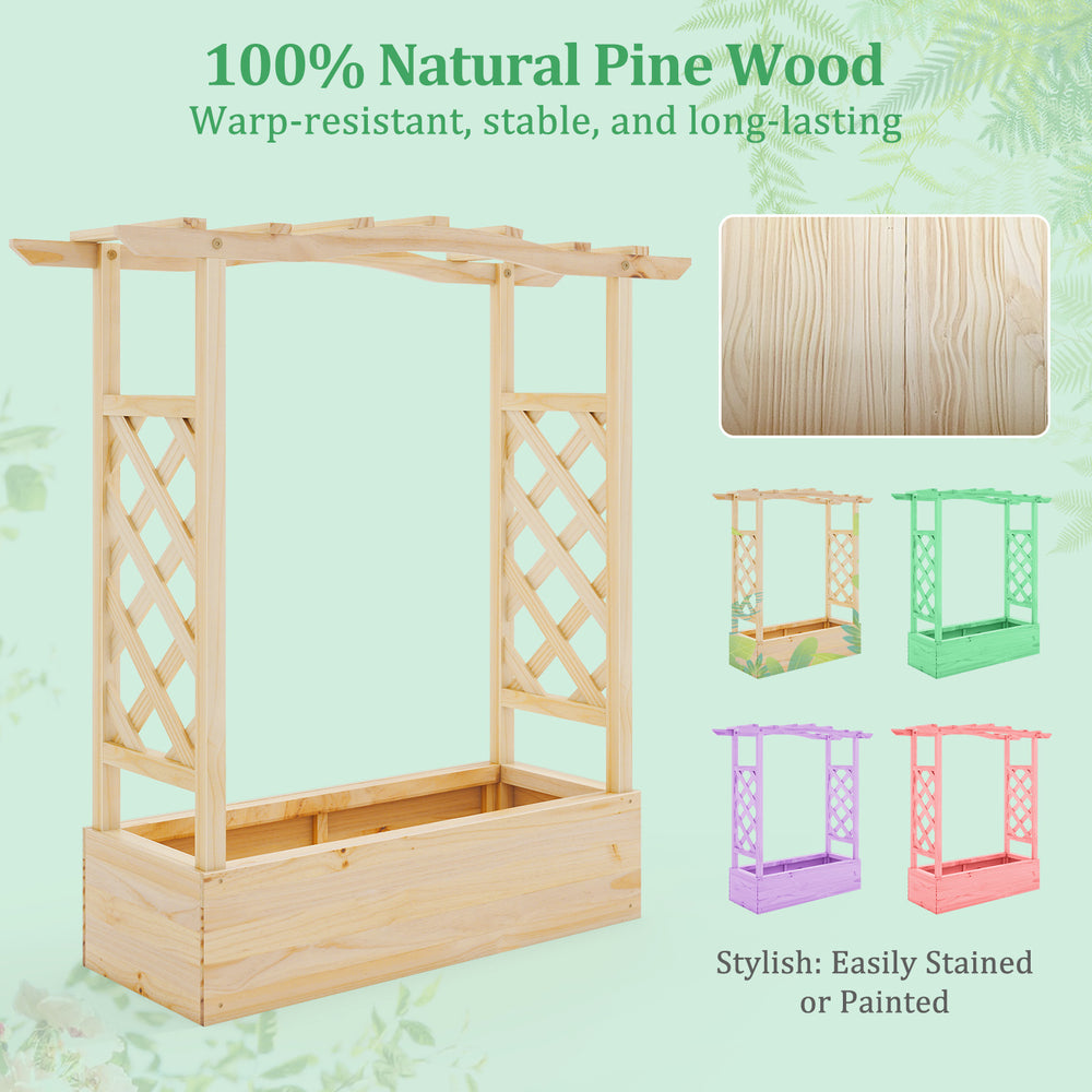 Wooden raised garden bed planter box with trellis and hanging roof, crafted from 100% natural pine wood for stylish.