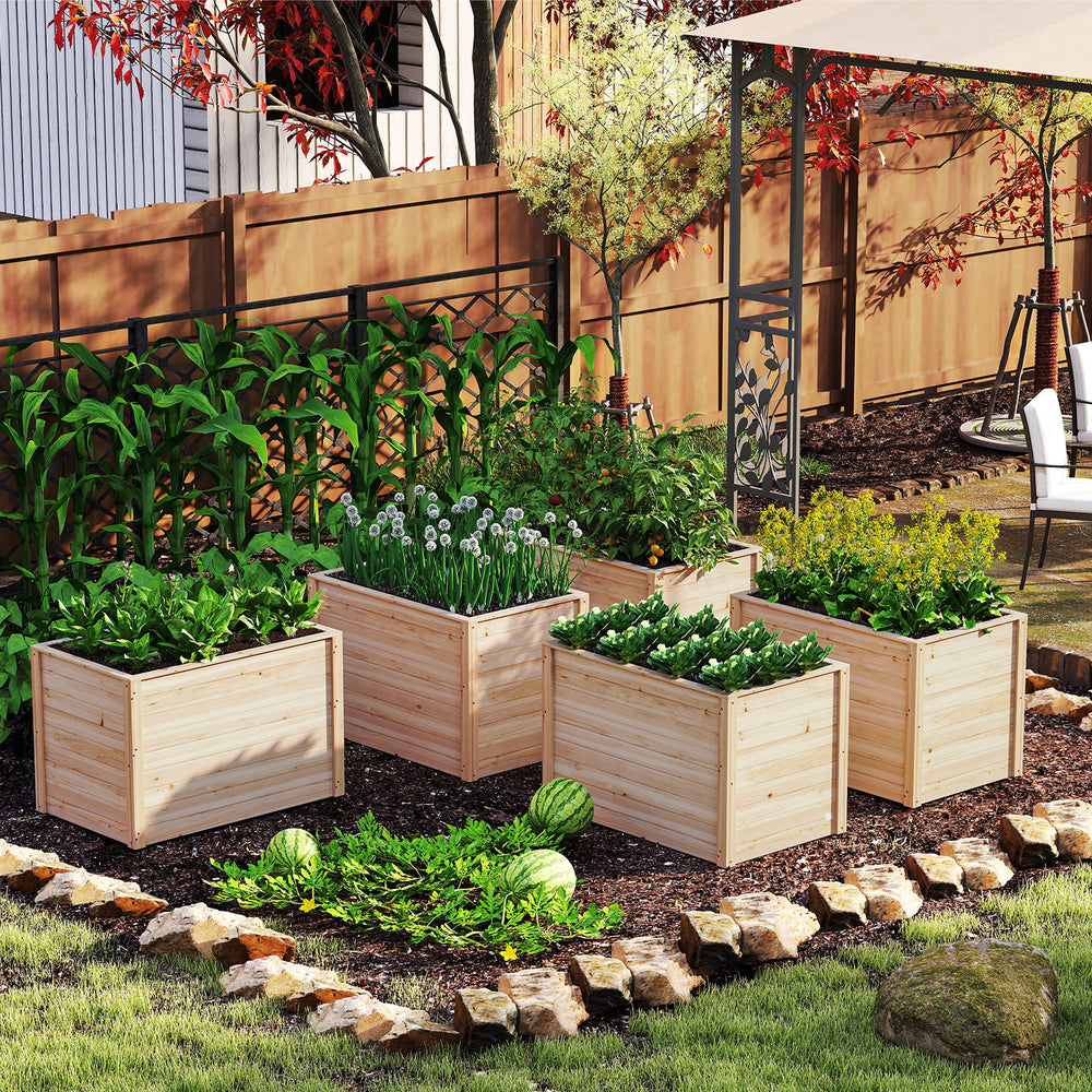 Wooden raised garden bed planter boxes made of fir wood, designed for deep-root plants, perfect for patios and.