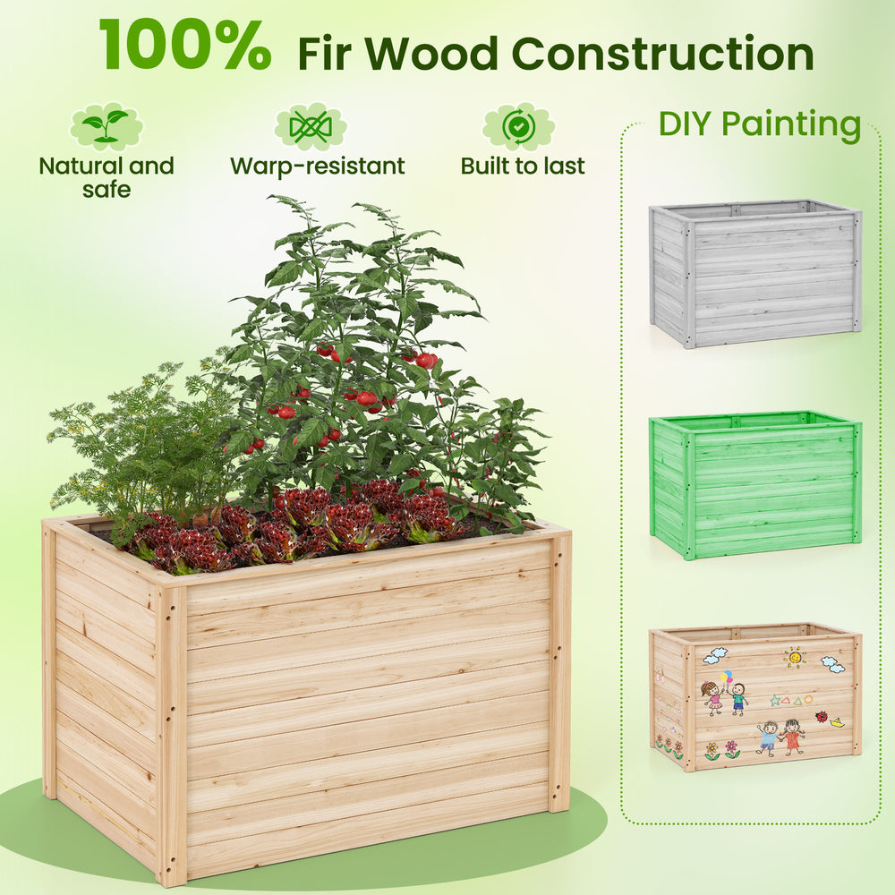 Wooden raised garden bed made of fir wood, 26" deep, ideal for nurturing deep-rooted plants in various settings.