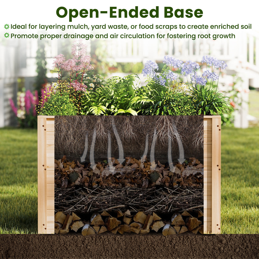 Wooden raised garden bed with open-ended base, 26" depth, made of fir wood, ideal for nurturing deep-root plants.