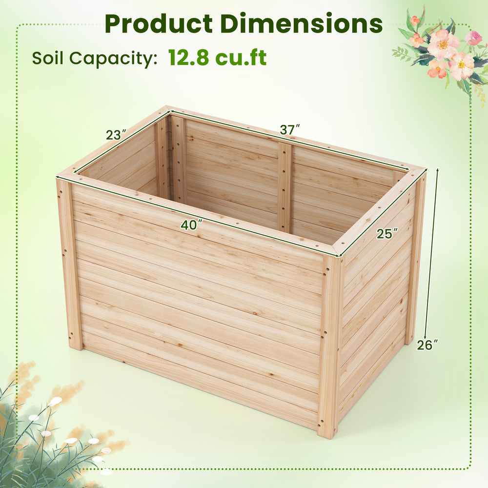Wooden raised garden bed dimensions showing 26" depth and 12.8 cu.ft soil capacity, perfect for deep-rooted plants.