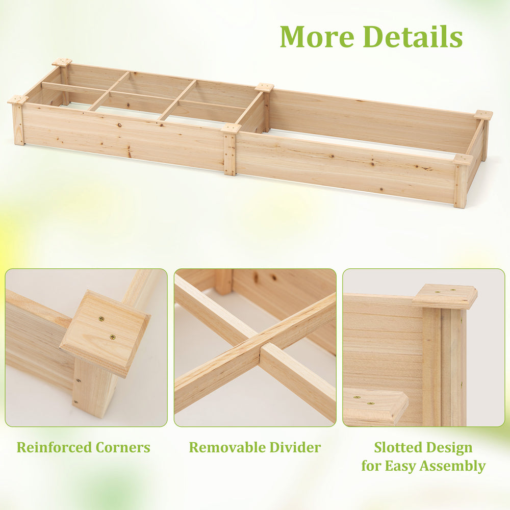 Wooden raised garden bed with two planter boxes, removable dividers, and slotted design for easy assembly.
