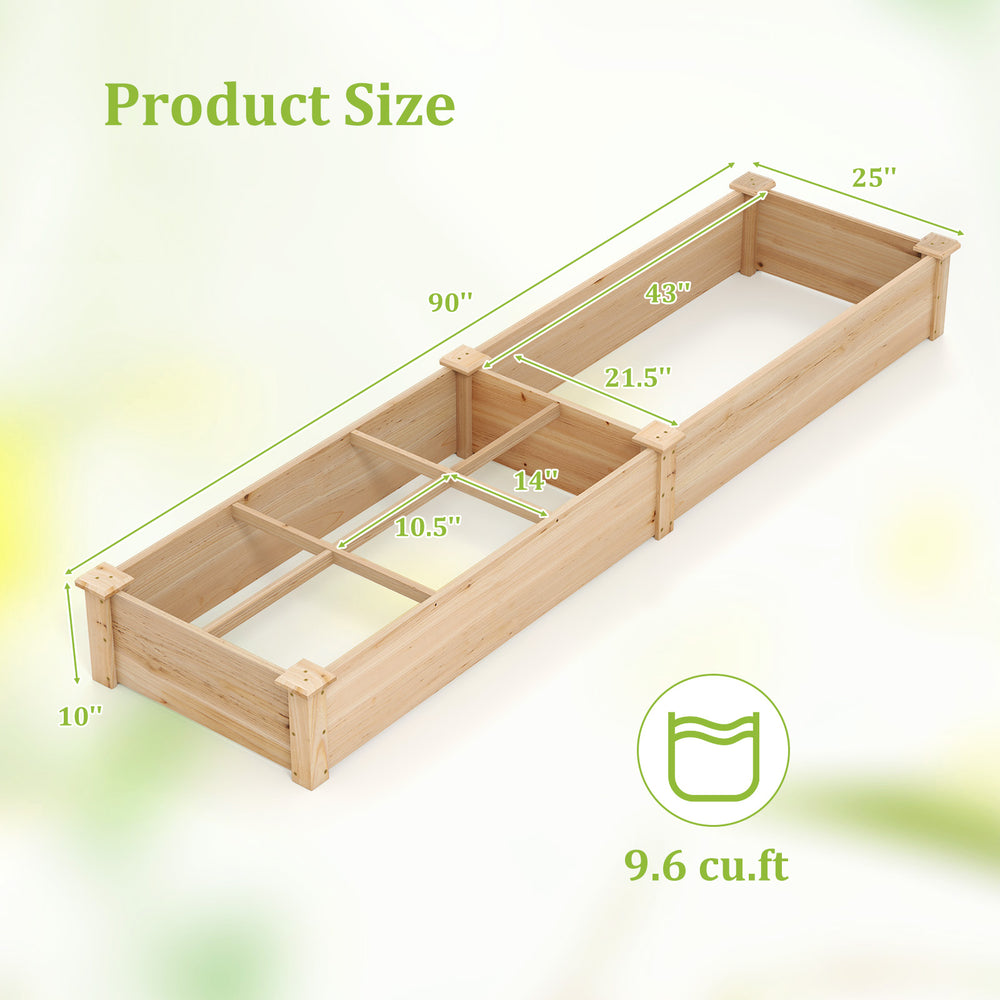 Wooden raised garden bed with dimensions 90"x25"x10", featuring 2 planter boxes and dividers for organized planting.