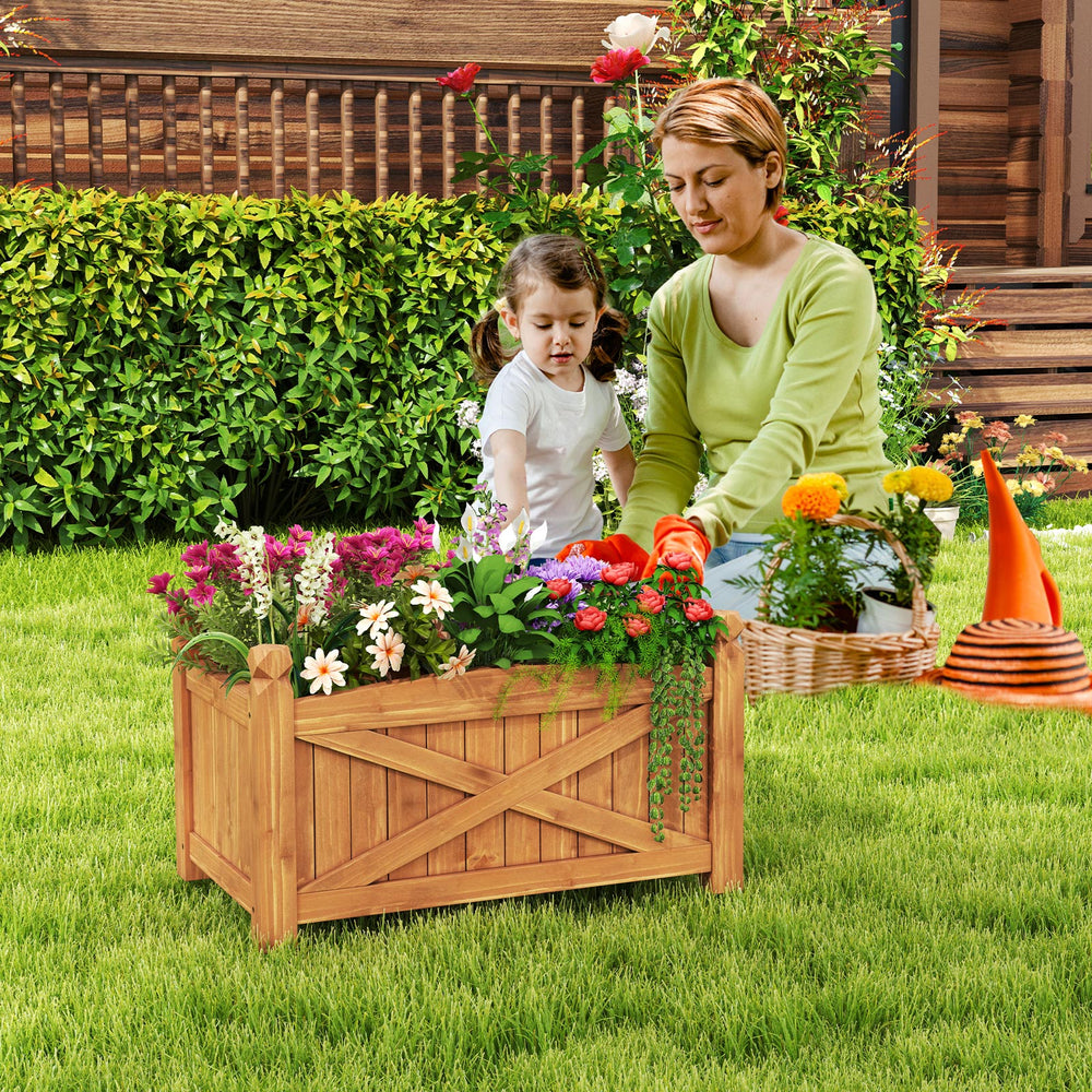 Wooden raised garden bed made of solid fir wood with drainage holes, ideal for patio gardening and plant growth.
