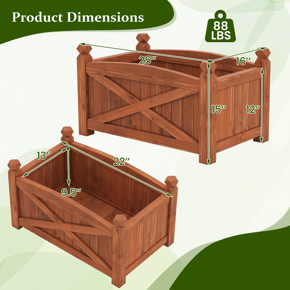 Wooden raised garden bed with drainage holes, crafted from solid fir wood, featuring retro colors and elegant X-shaped.