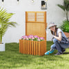 Wooden raised garden bed with privacy screen, featuring potted flowers, crafted from solid wood for outdoor elegance.