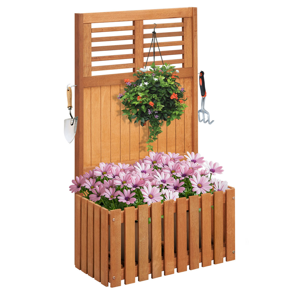 Wooden raised garden bed with privacy screen, featuring pink flowers, side hooks, and a smooth, weatherproof finish.