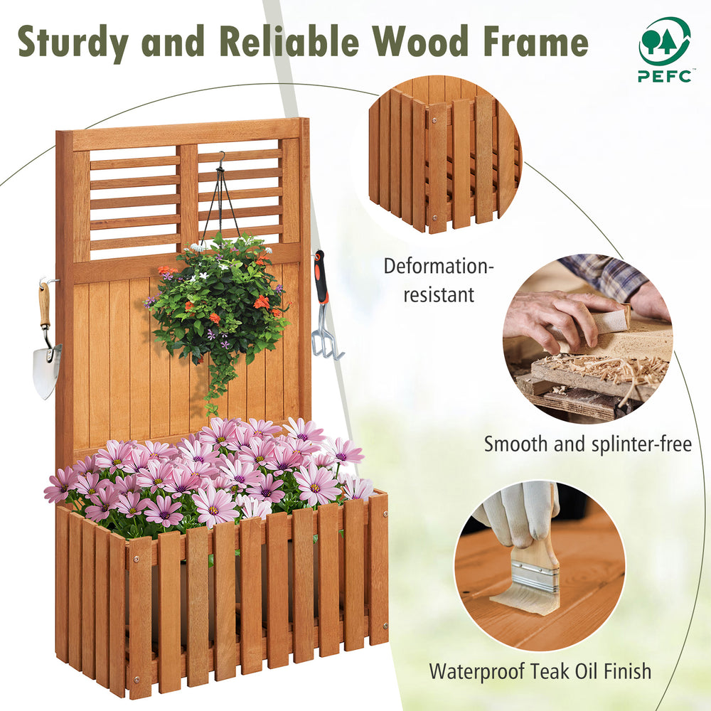 Wooden raised garden bed with privacy screen, waterproof teak oil finish, perfect for outdoor gardens and patios.