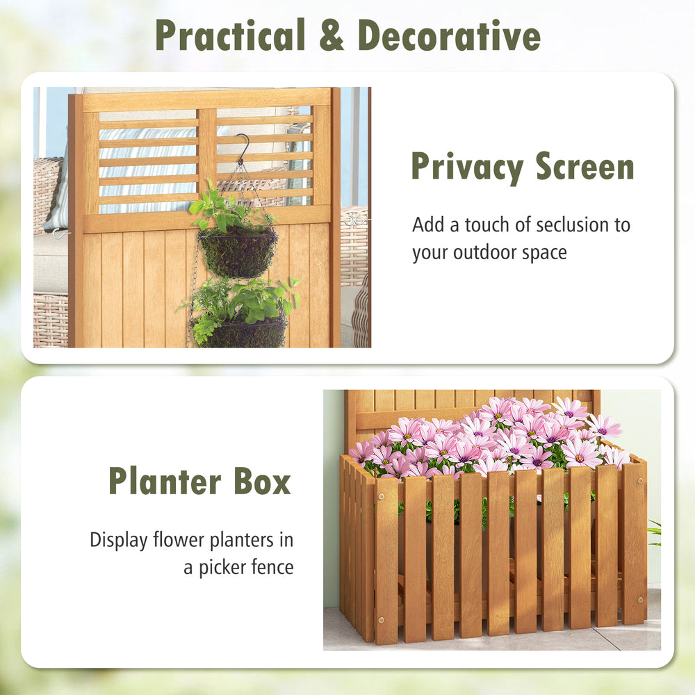 Wooden raised garden bed with privacy screen, crafted from solid wood, perfect for outdoor spaces and plant display.