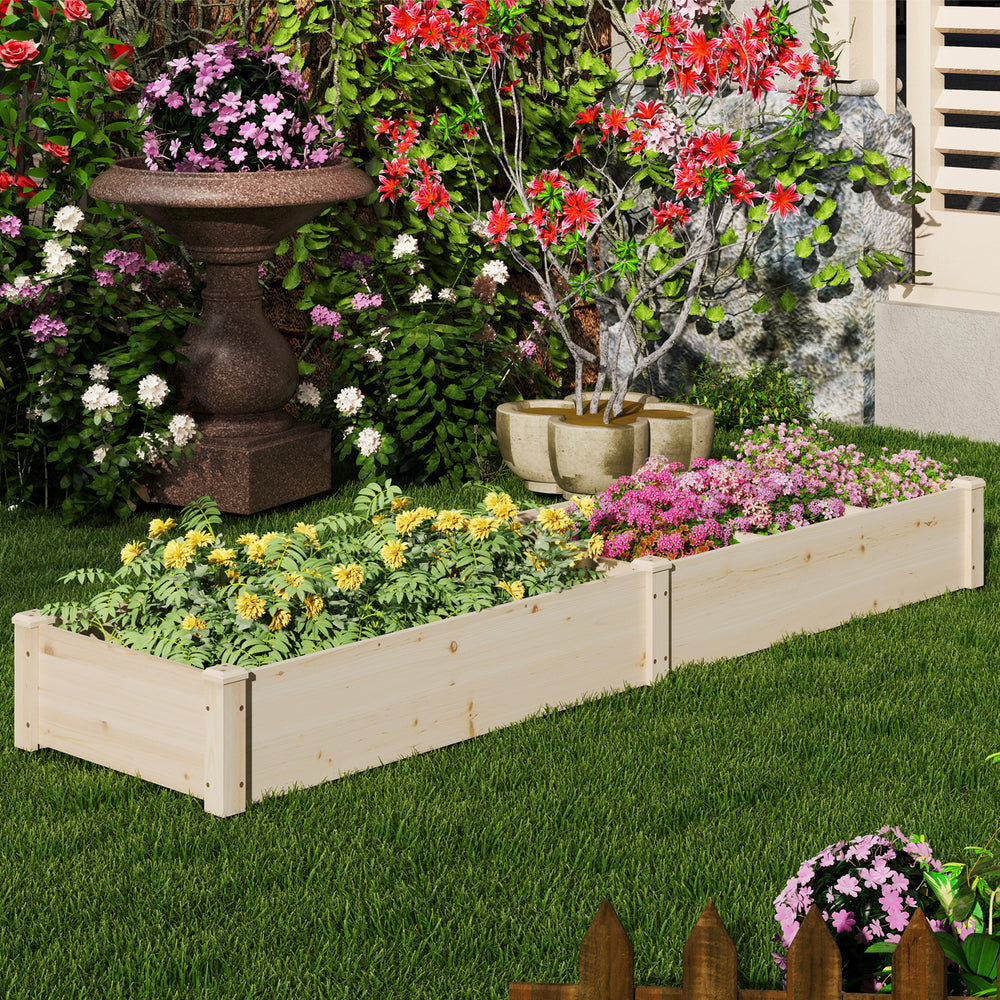 Wooden raised garden bed with two planter boxes, made of durable fir wood, ideal for cultivating various plants.