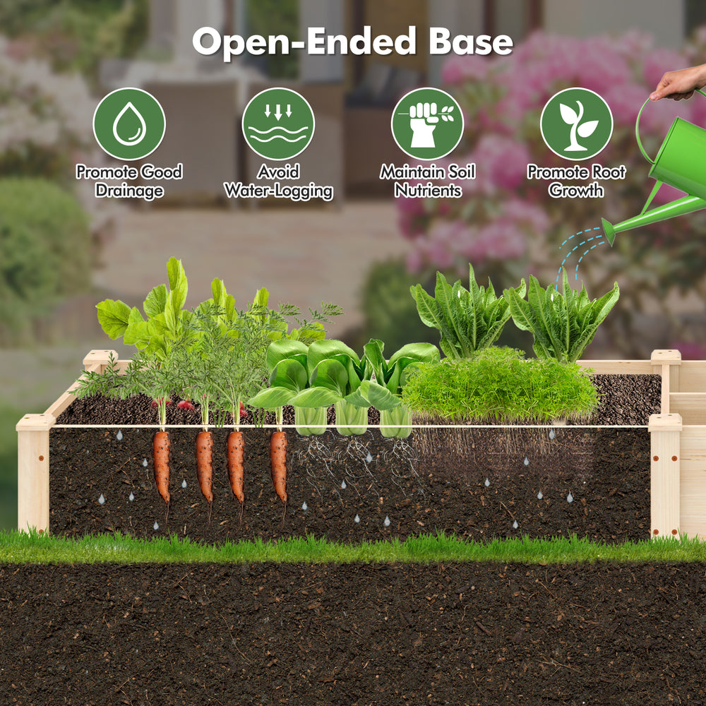 Wooden raised garden bed with open-ended base and two planter boxes, designed for optimal drainage and root growth.