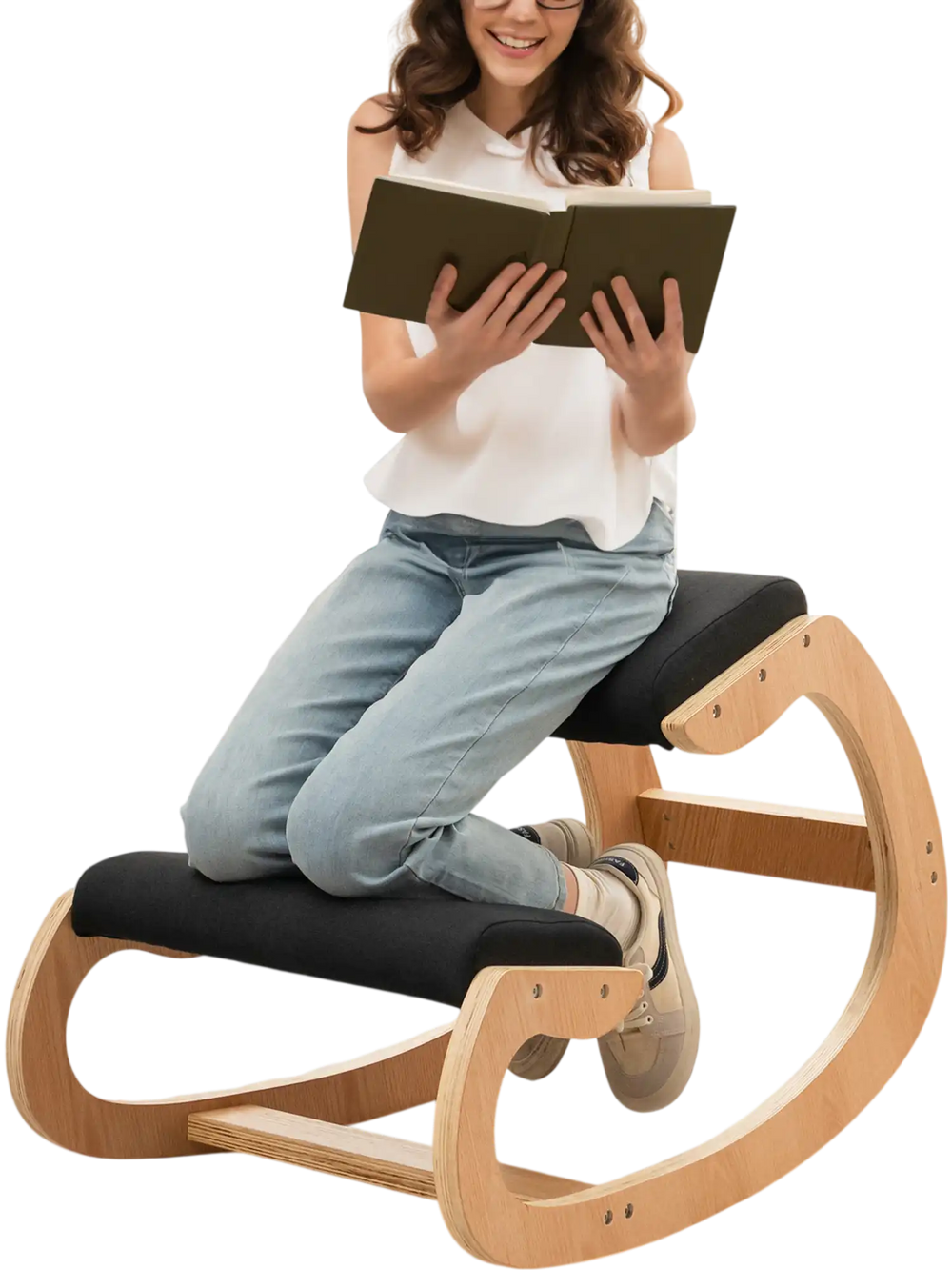 Wooden rocking chair with padded seat cushion in black, designed for posture support and comfort while reading.