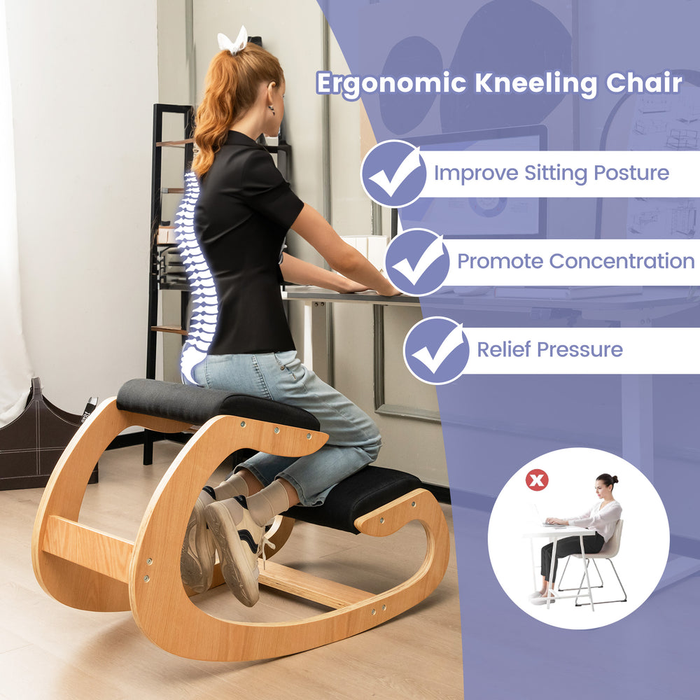 Wooden rocking chair with padded seat and knee support, designed to improve posture and relieve pressure for.