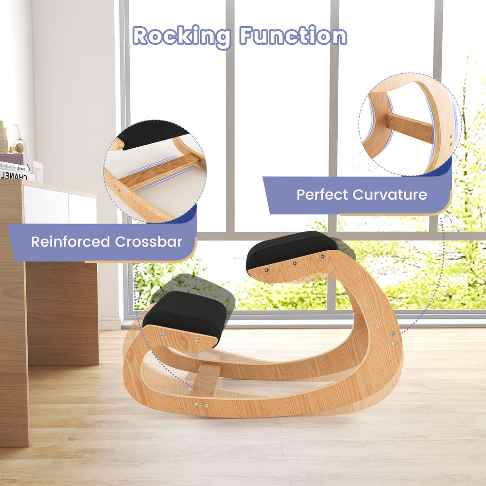 Wooden rocking chair with padded seat cushion and knee support, featuring a reinforced crossbar for stability and.