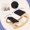 Wooden rocking chair with black padded seat and knee cushions, designed for comfort and improved sitting posture.