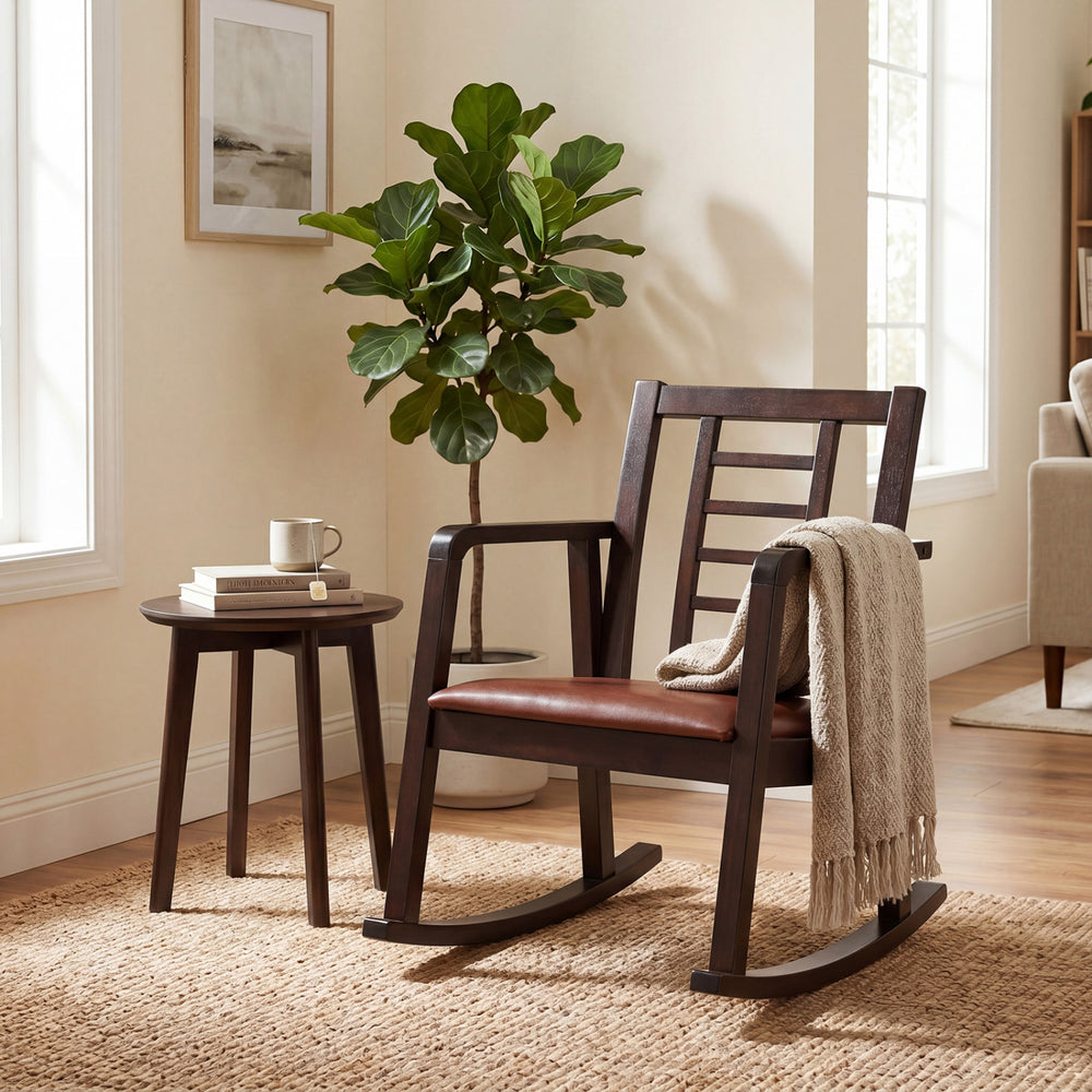Wooden rocking chair with upholstered seat and ladder back design, offering comfort and stability for living room relaxation.