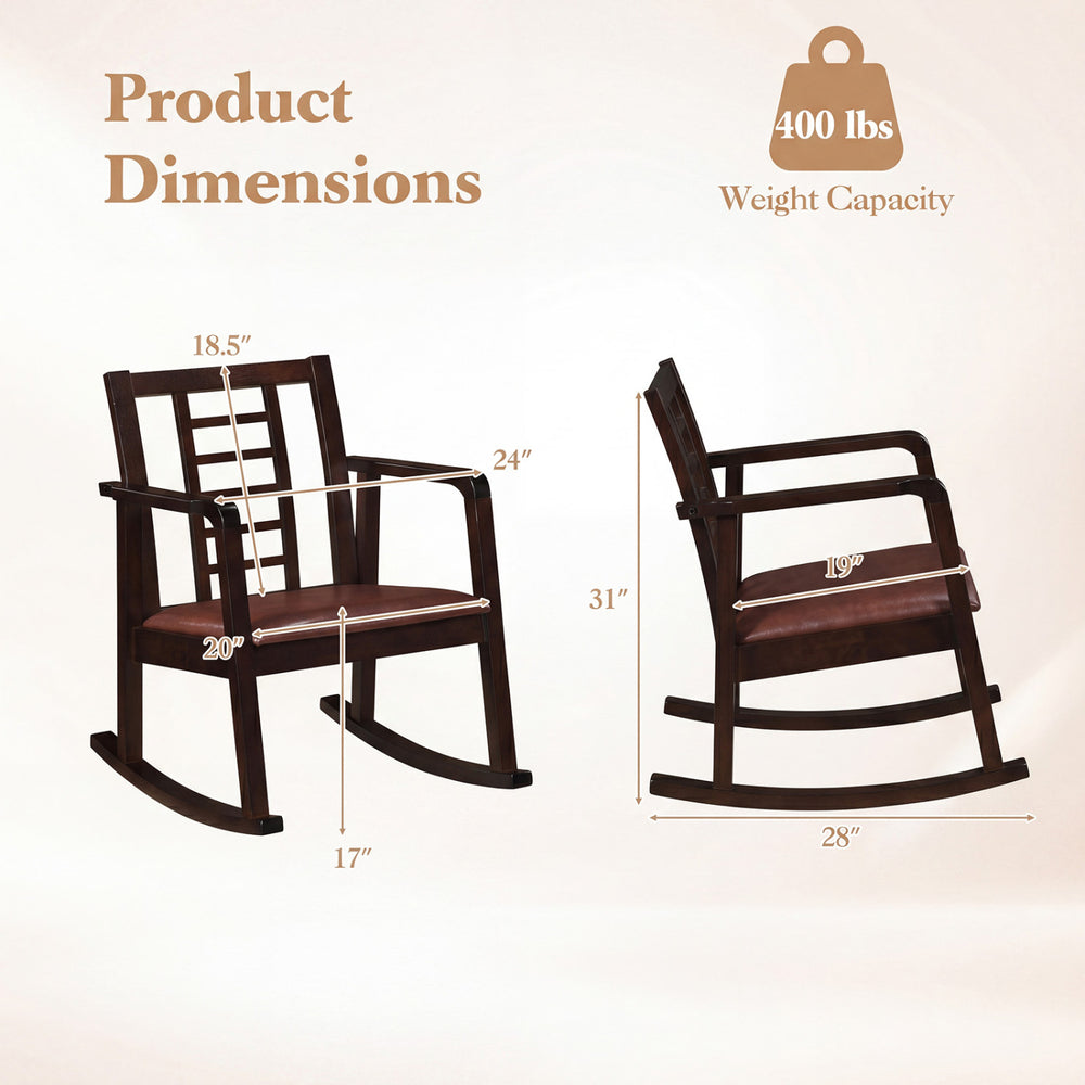 Wooden rocking chair with upholstered seat and ladder back, featuring a sturdy base and a weight capacity of 400 lbs.