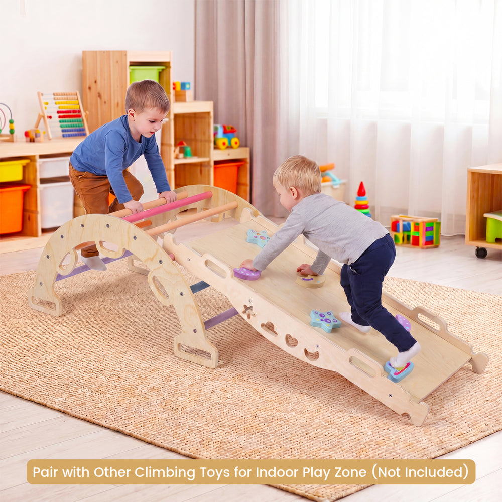 Wooden rocking climbing arch with cushion, featuring multicolor design, ideal for indoor play zones for kids.