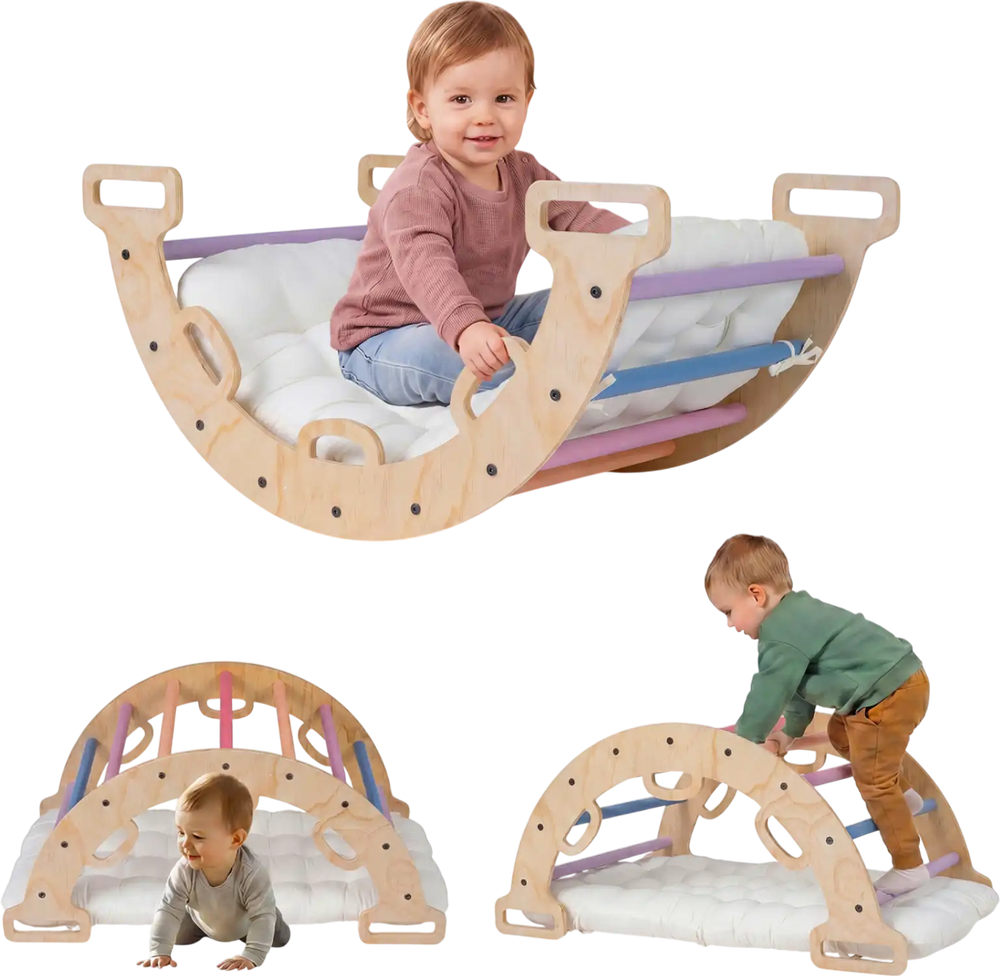 Wooden rocking climbing arch with multicolor accents and cushion, designed for Montessori play and exploration.