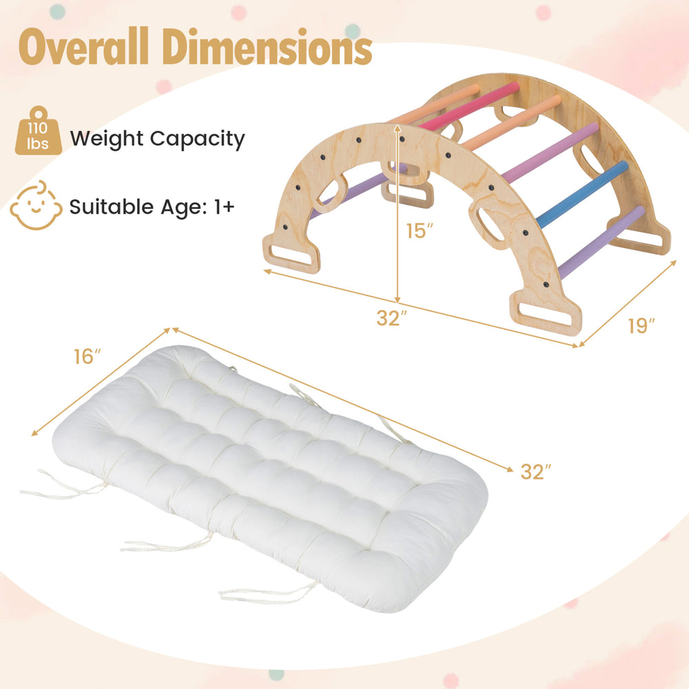 Wooden rocking climbing arch with multicolor bars and a soft cushion, ideal for Montessori play for kids aged 1+.