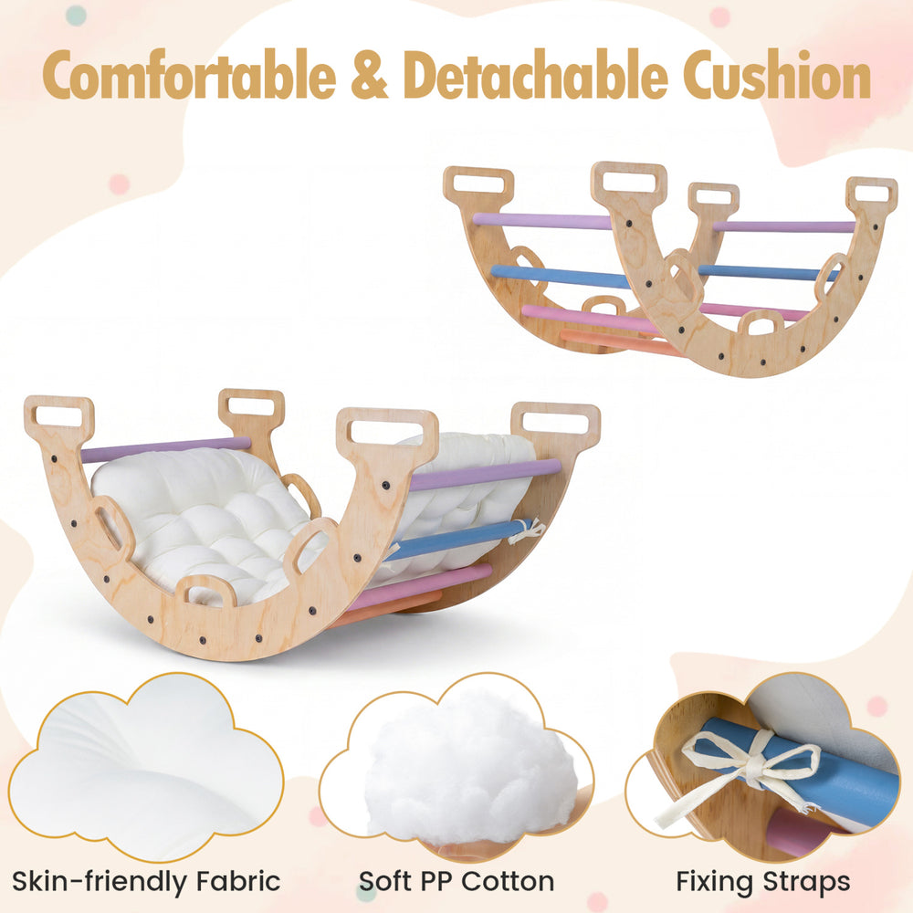 Wooden rocking climbing arch with multicolor detachable cushion, designed for kids' play and development.