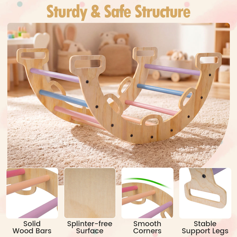 Wooden rocking climbing arch with multicolor bars, featuring a sturdy structure and smooth corners for safe play.
