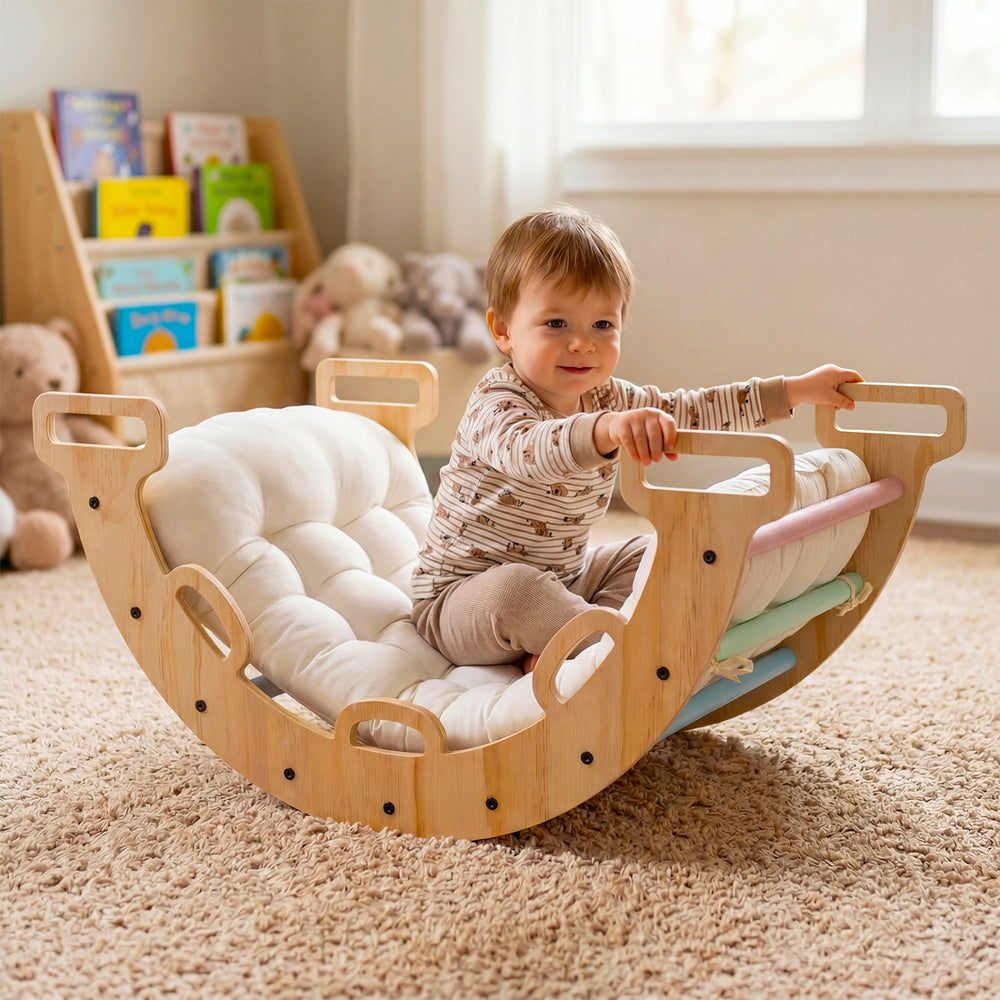 Wooden Rocking Climbing Arch with Cushion 3-in-1 Montessori Kids Climber Rocker-Macaron - Gallery View 1 of 12