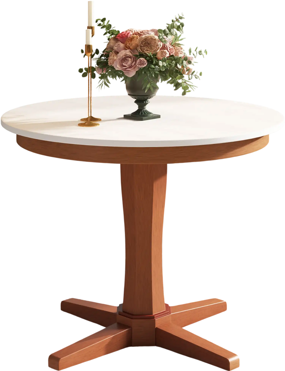 Round dining table with a pedestal base, featuring a cream white MDF top and walnut finishes, ideal for gatherings.