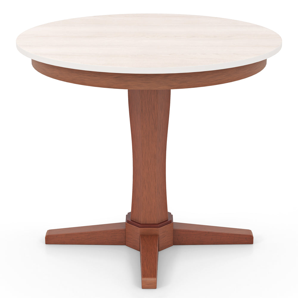 Round dining table with pedestal base, featuring a cream white MDF top and walnut finish, ideal for gatherings.