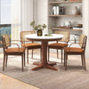 Round wooden dining table with pedestal base in cream white, featuring sturdy rubber wood and elegant design for.