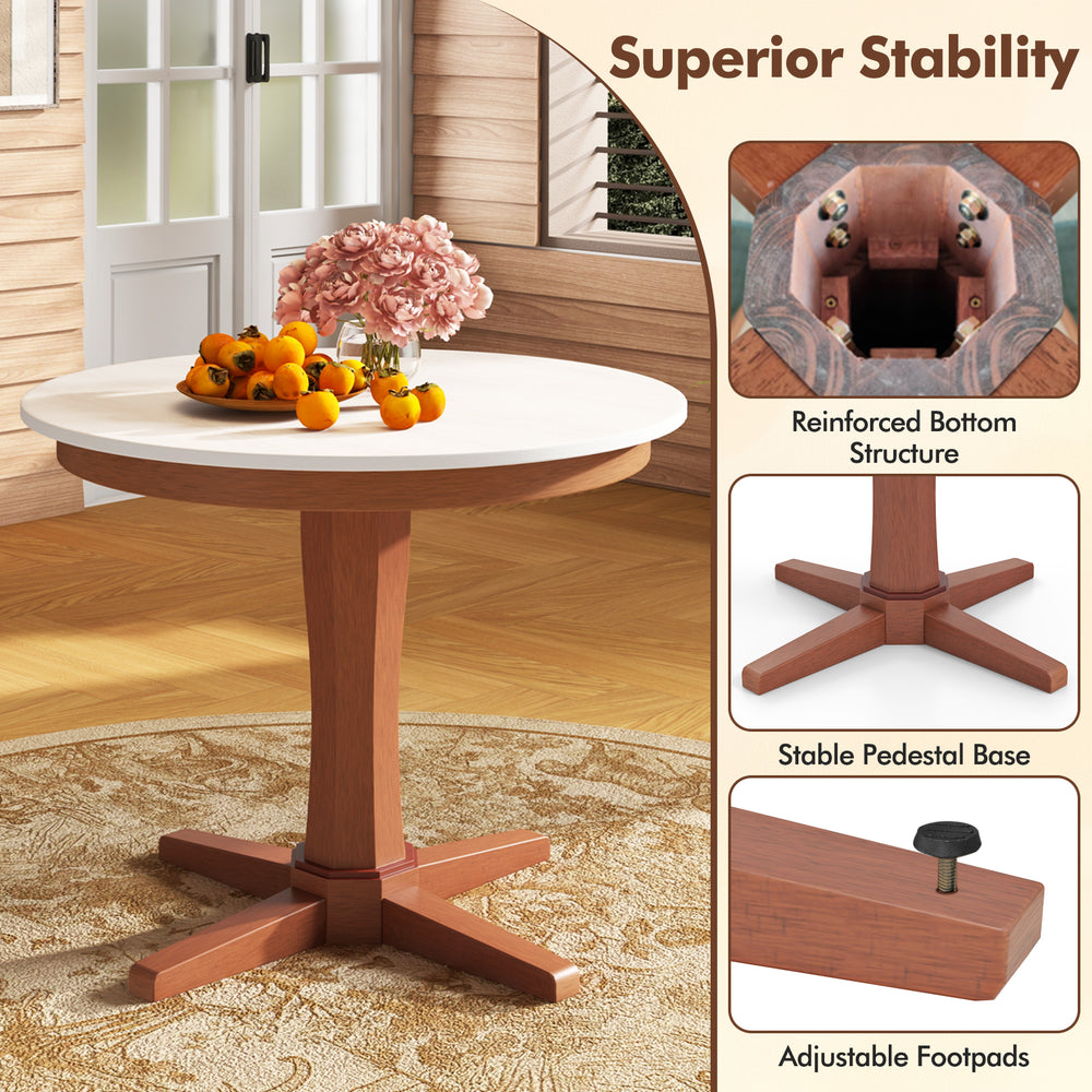 35-inch wooden round dining table with a sturdy pedestal base, featuring cream white finish, perfect for gatherings.