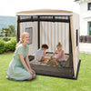 Wooden sandbox with canopy for children featuring roll-up curtains, breathable mesh, and built-in seats for outdoor.